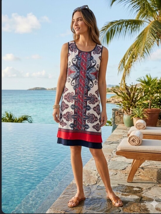 Melissa Paige Dresses & Skirts - Melissa Paige White Navy Red Paisley Print Sleeveless Shift Dress